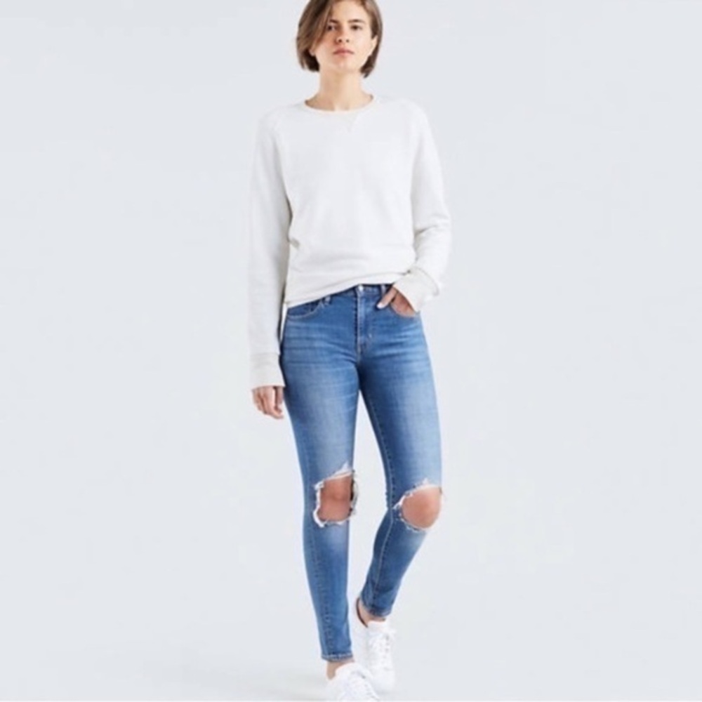 Levi's distressed 721 denim high rise skinny jeans ripped holes in knees sz 27